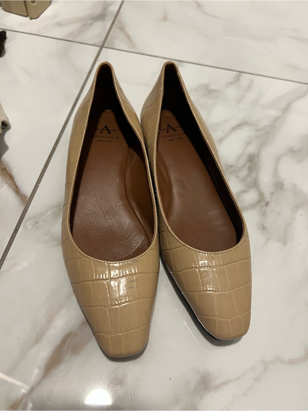 Aquatalia Tan Croc-Embossed Leather Square-Toe Flats